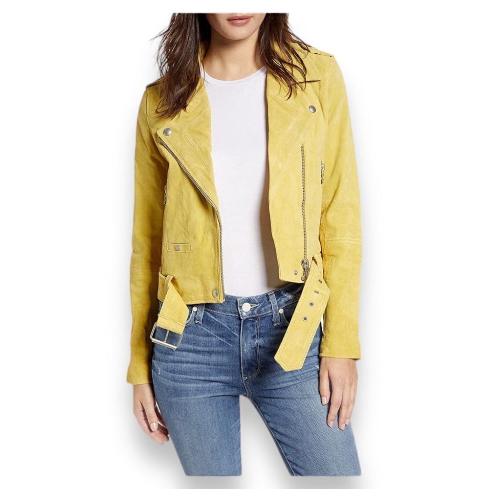 Blank NYC Jacket WMNS S Yellow Suede Leather Moto Bright Colorful‎ Statement Zip